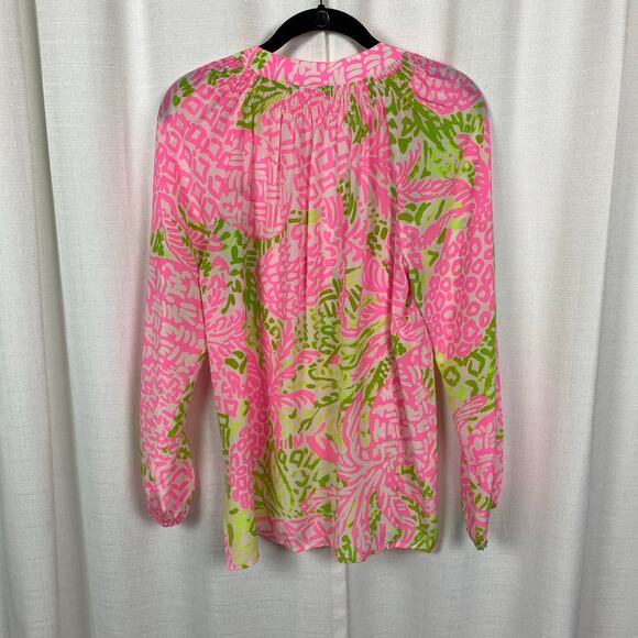 Lilly Pulitzer Pink&Green Silk Elsa Top Home Slice Pink Pineapple Sz.S - Picture 10 of 15